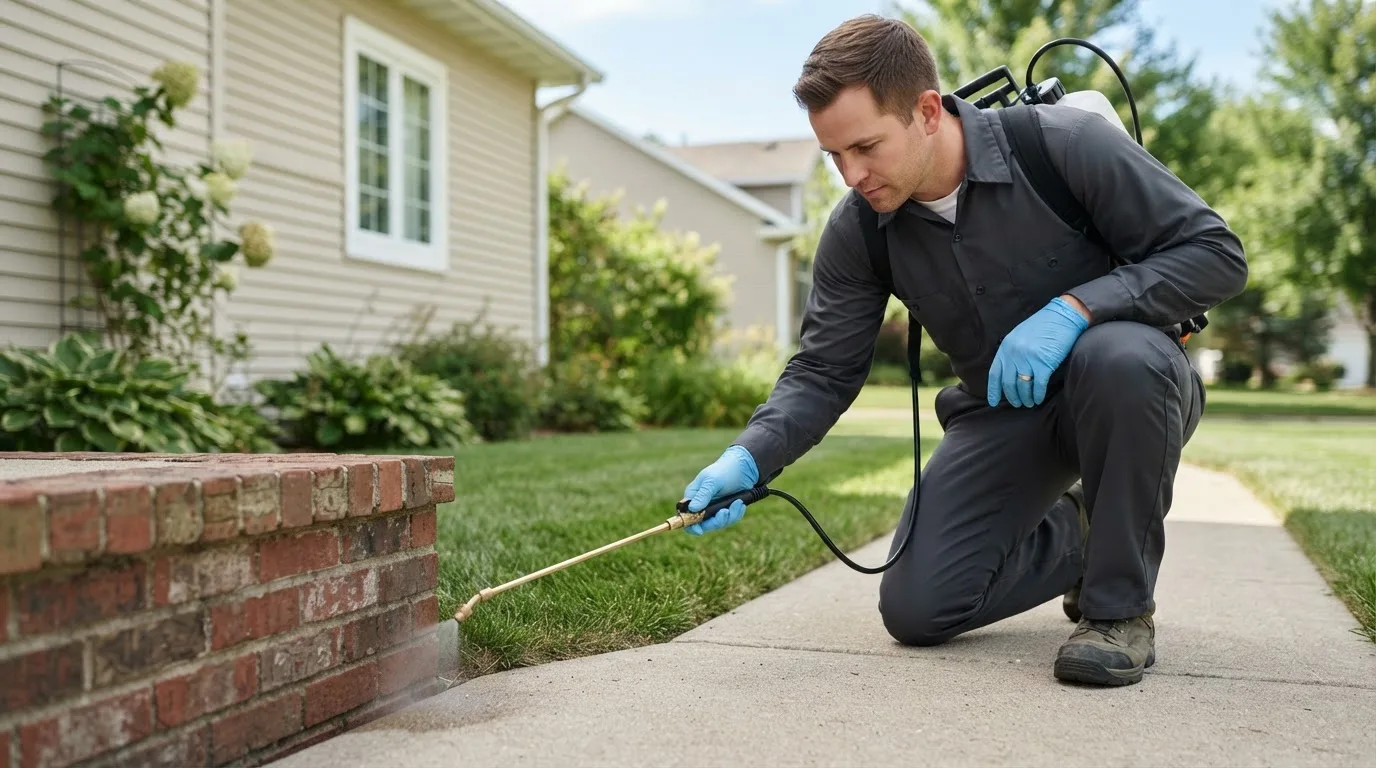 Pest control technician treating a home near Montville, CT