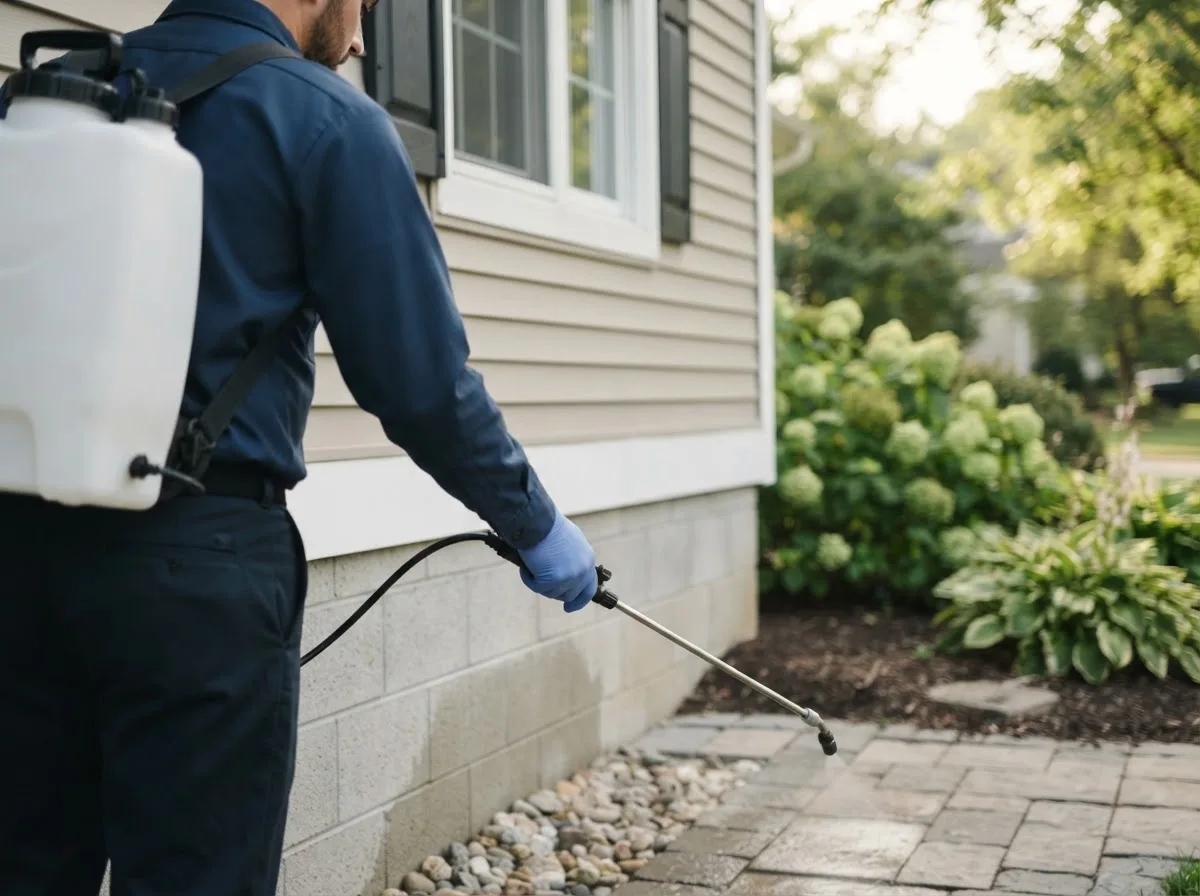 Pest control technician inspecting a home in Montville, CT